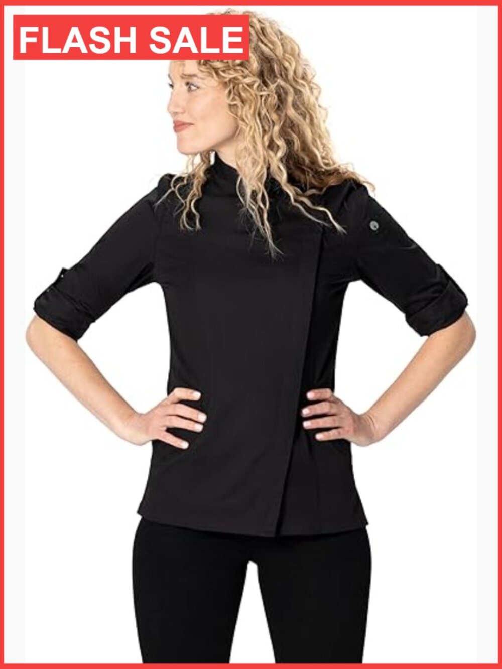 Women's Chef Coat Roll-Up Sleeves Snap Front Polycotton Twill